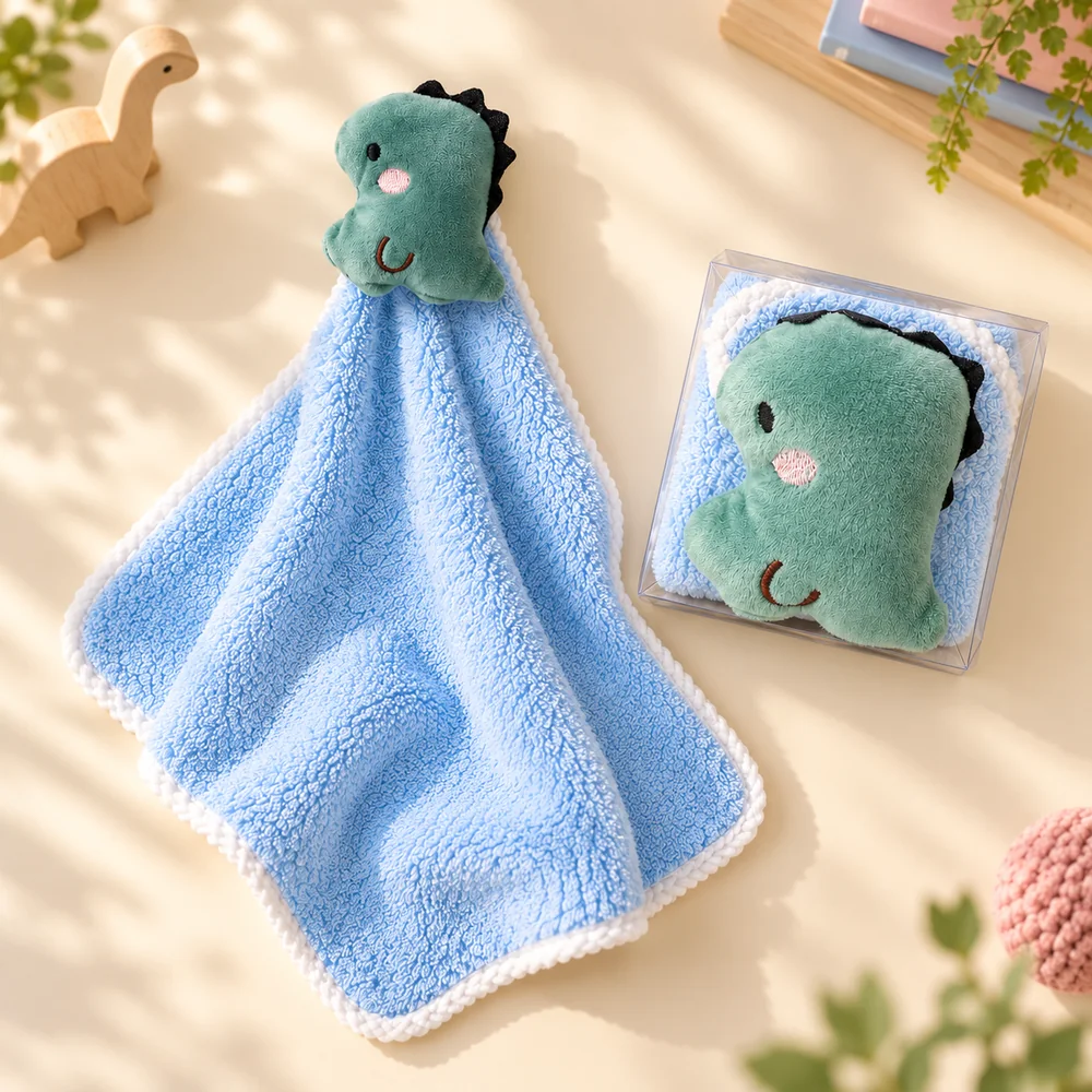 The Blue Dino towel opened out beside its clear gift box, showing the plush dinosaur head and white looped edging