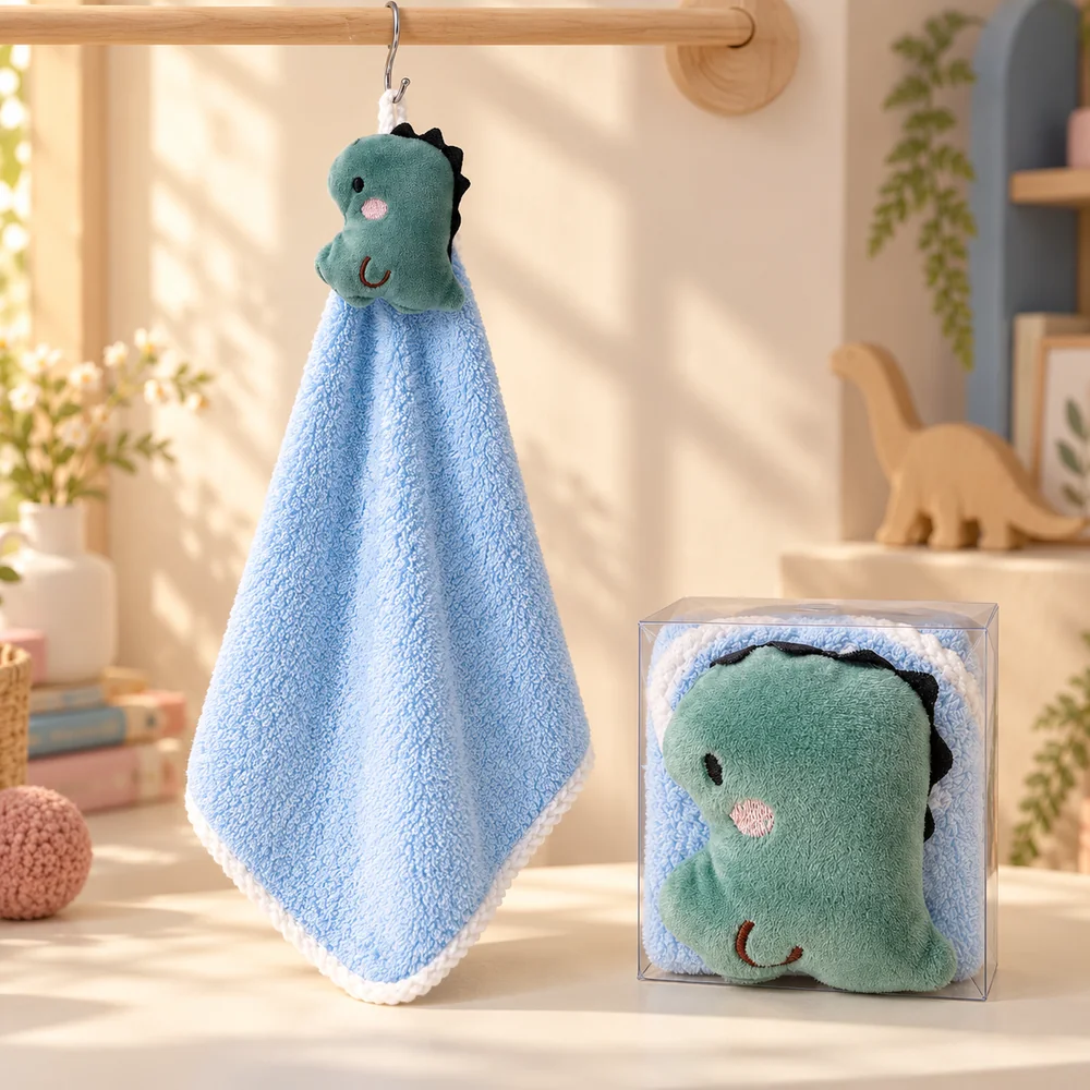 The Blue Dino towel hanging from a rail by the loop behind its head, next to the boxed version