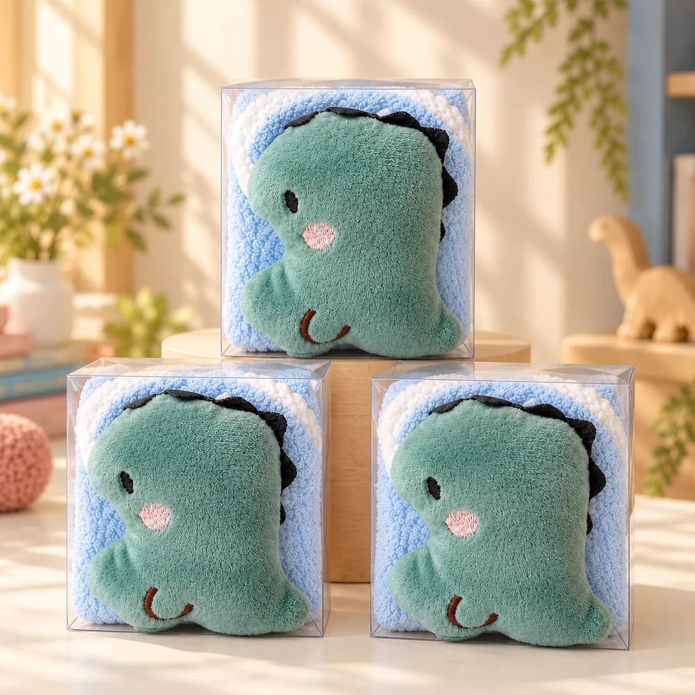 Three Blue Dino towels stacked in their clear gift boxes, ready to hand out