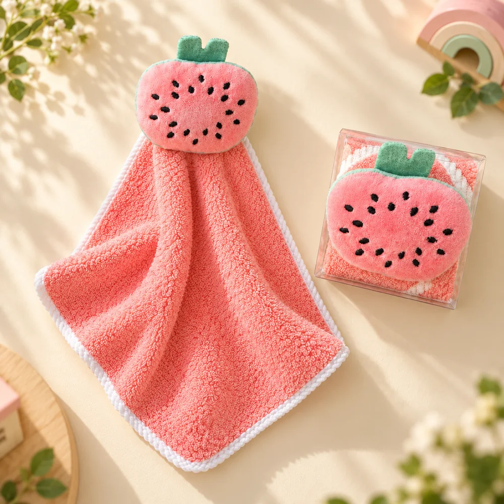The Pink Watermelon towel opened out beside its gift box, the plush watermelon head stitched with black seeds
