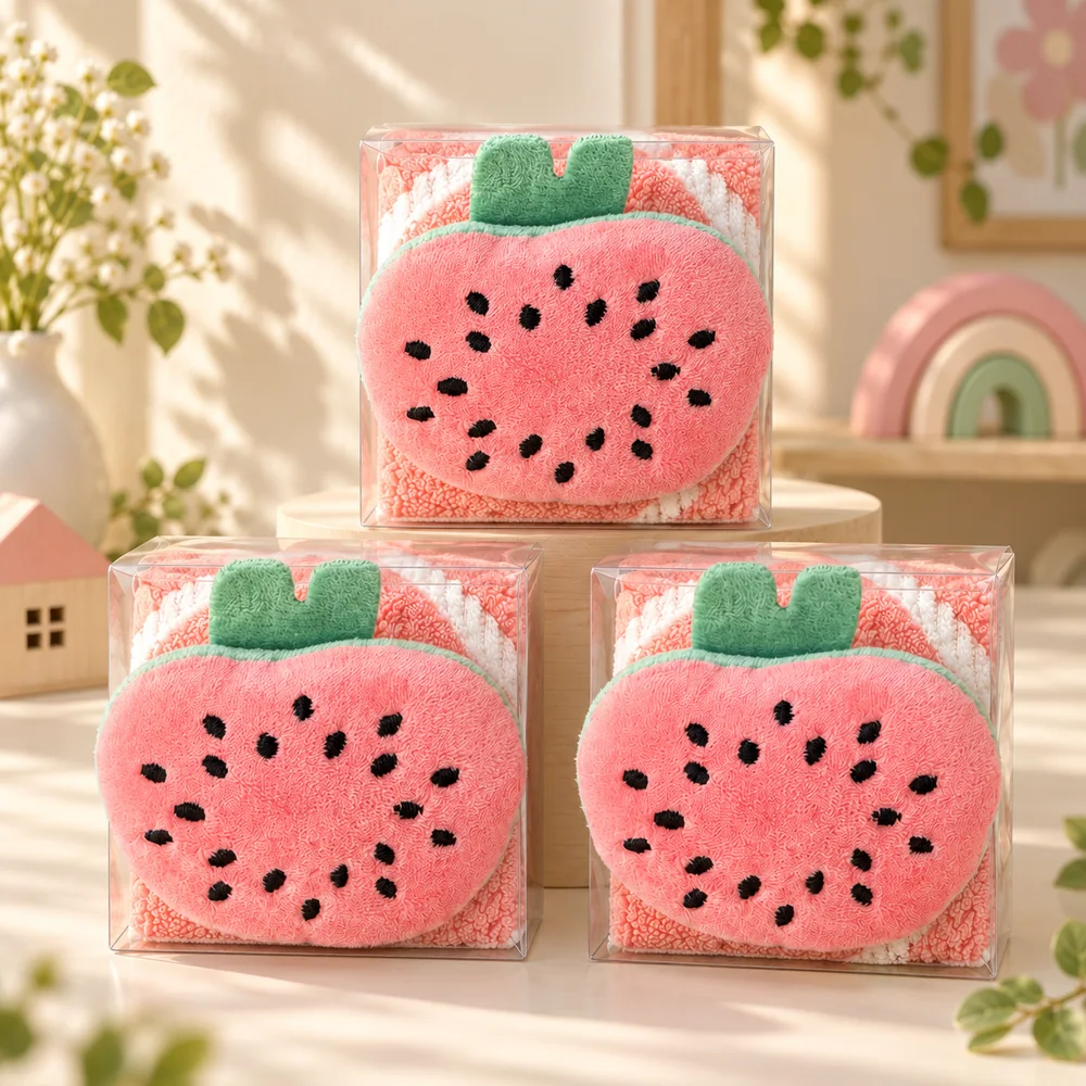 The Pink Watermelon towel hanging from a hook, next to the boxed version