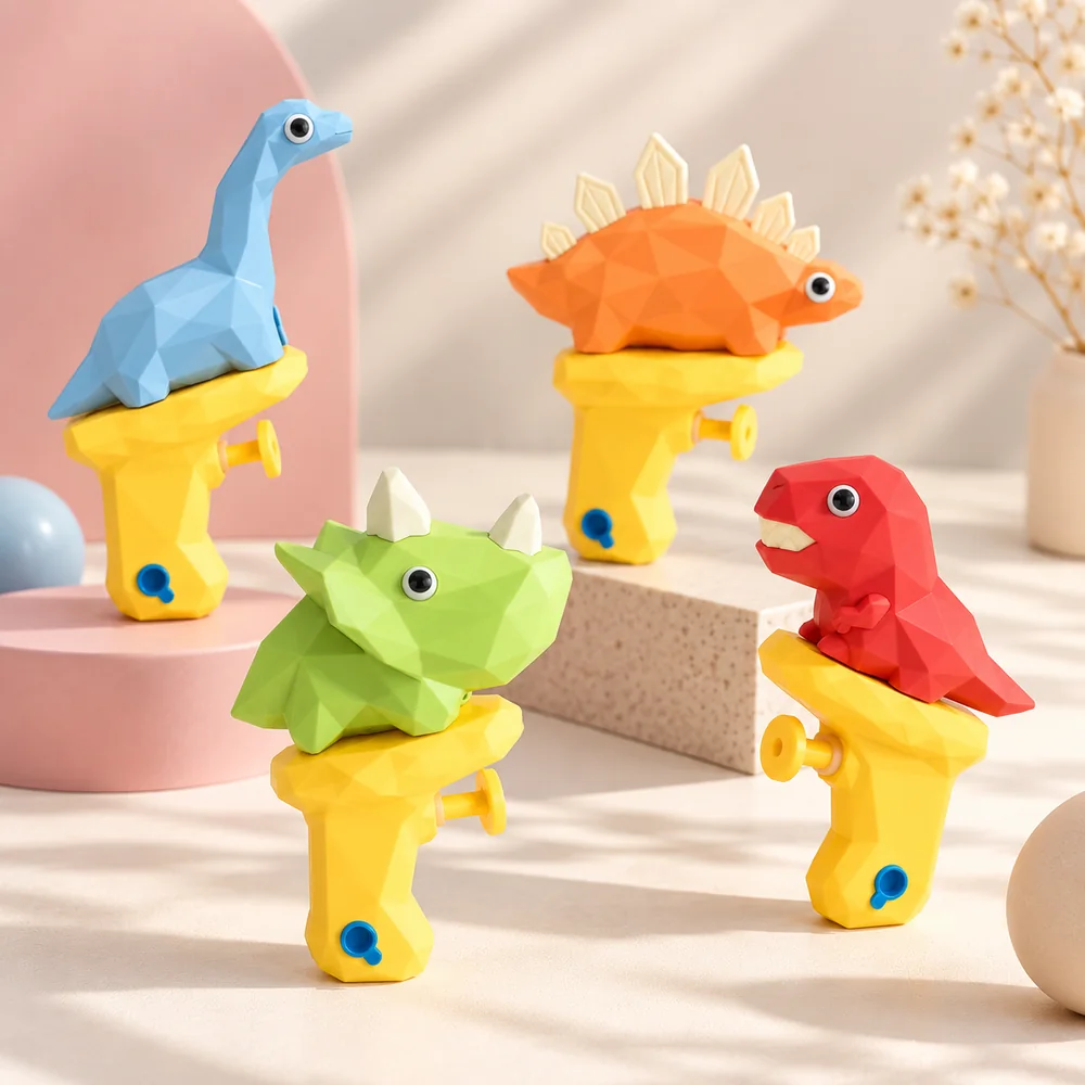 The maker's dinosaur squirter range — blue long-neck, orange stegosaurus, green triceratops and red T-rex on yellow faceted handles