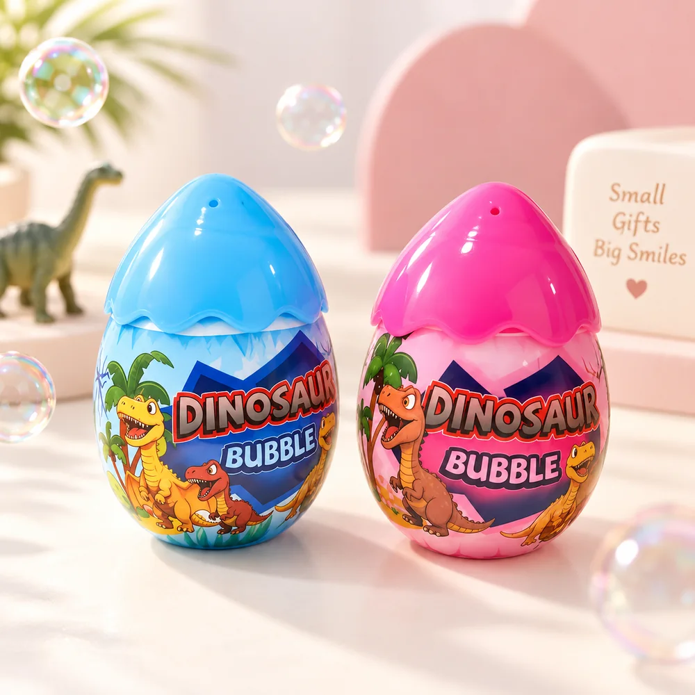 Blue Dino and Pink Dino bubble eggs side by side, bubbles drifting past