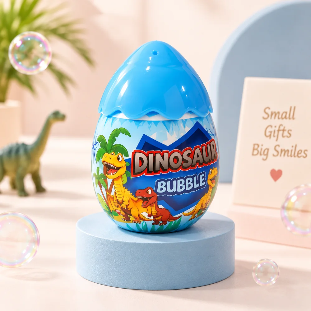 Blue Dino bubble egg on a plinth — cracked-shell cap and printed dinosaur scene