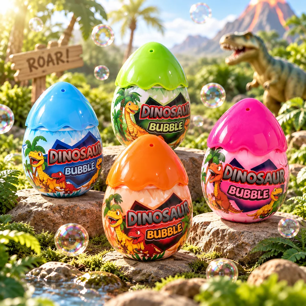 The four Dinosaur Bubble colourways — blue, green, orange and pink — in a jungle scene