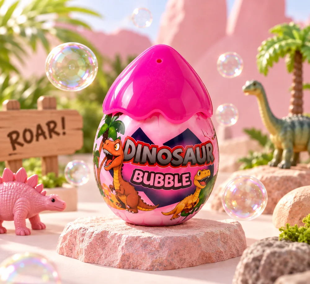 Pink Dino bubble egg among toy dinosaurs and rocks