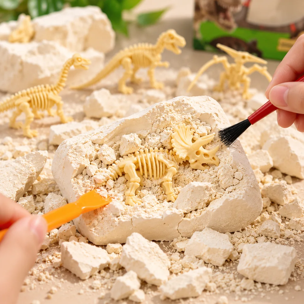 Two hands working on the block with the brush and chisel, a triceratops skeleton emerging from the plaster