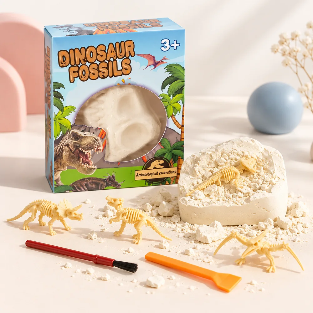 The Fossil Dig Kit box, the plaster block part-excavated, and four skeletons already dug out, with the brush and chisel