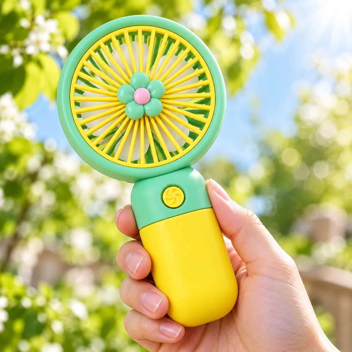 The mint-and-yellow flower fan held in one hand outdoors against sunlit leaves