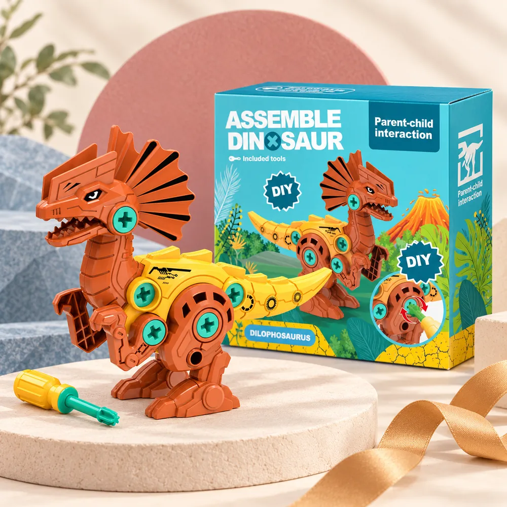 The orange and yellow dilophosaurus with its fan crest, beside its box and screwdriver