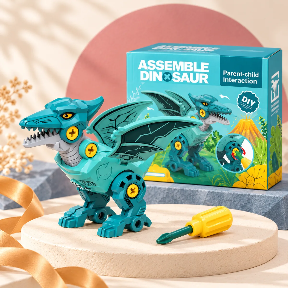 The teal winged pterosaur built, with its box and screwdriver