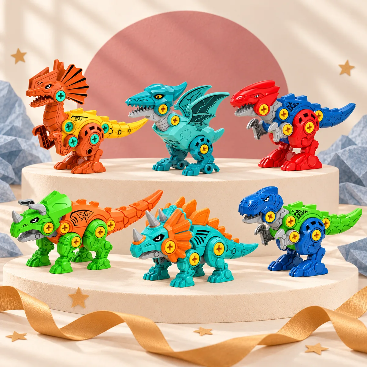 All six dinosaurs built and lined up on a podium — dilophosaurus, pterosaur, T-rex, triceratops, centrosaurus and velociraptor