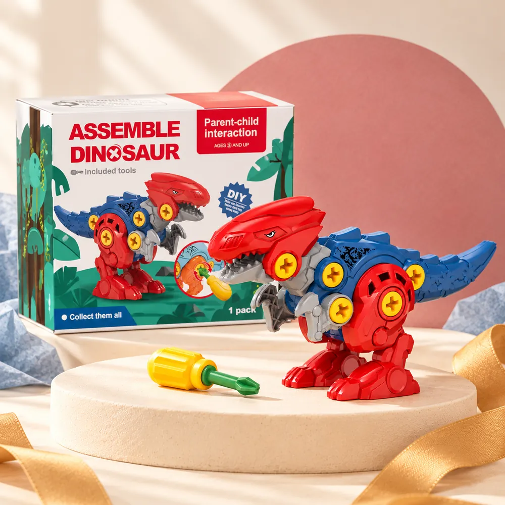 The red and blue T-rex built, beside its printed box and yellow screwdriver