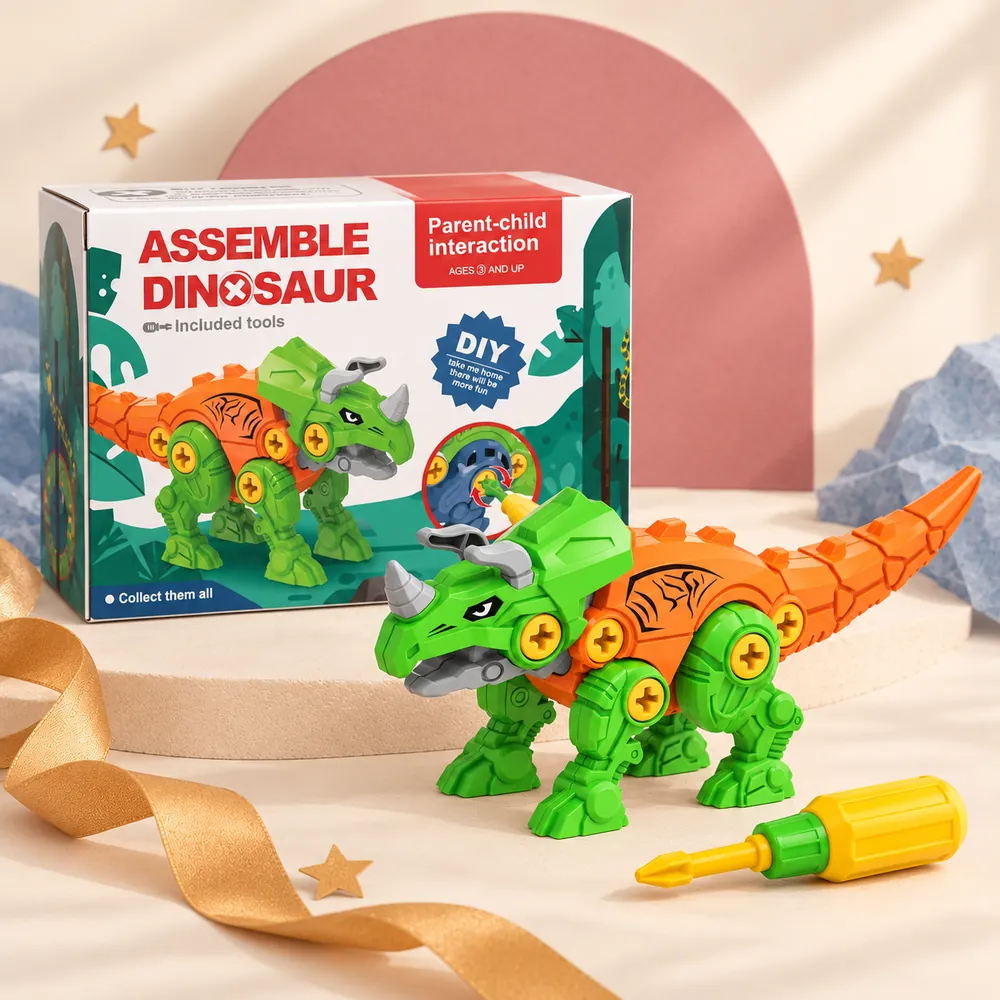 The green and orange triceratops built, beside its box and screwdriver