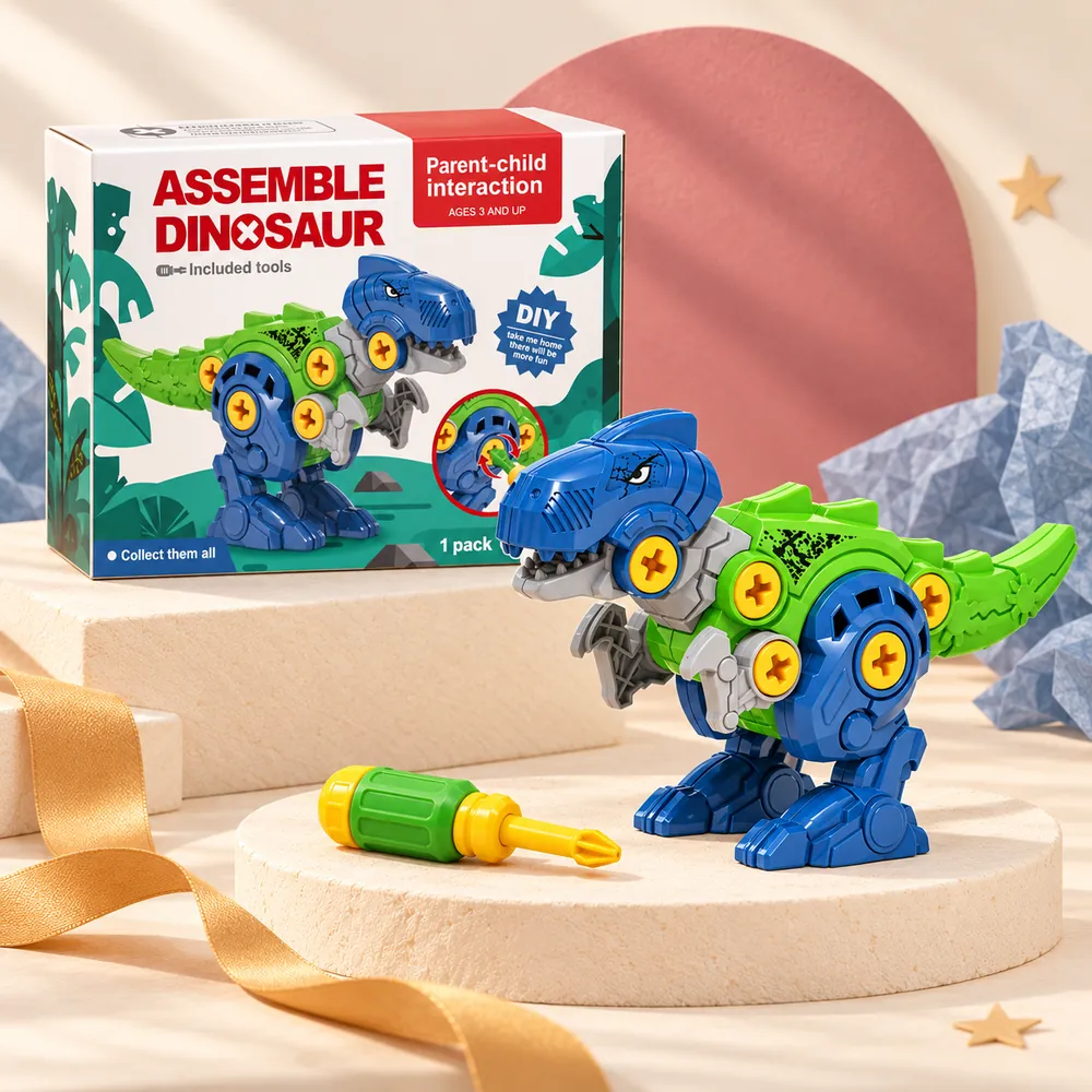 The blue and green velociraptor built, beside its box and screwdriver