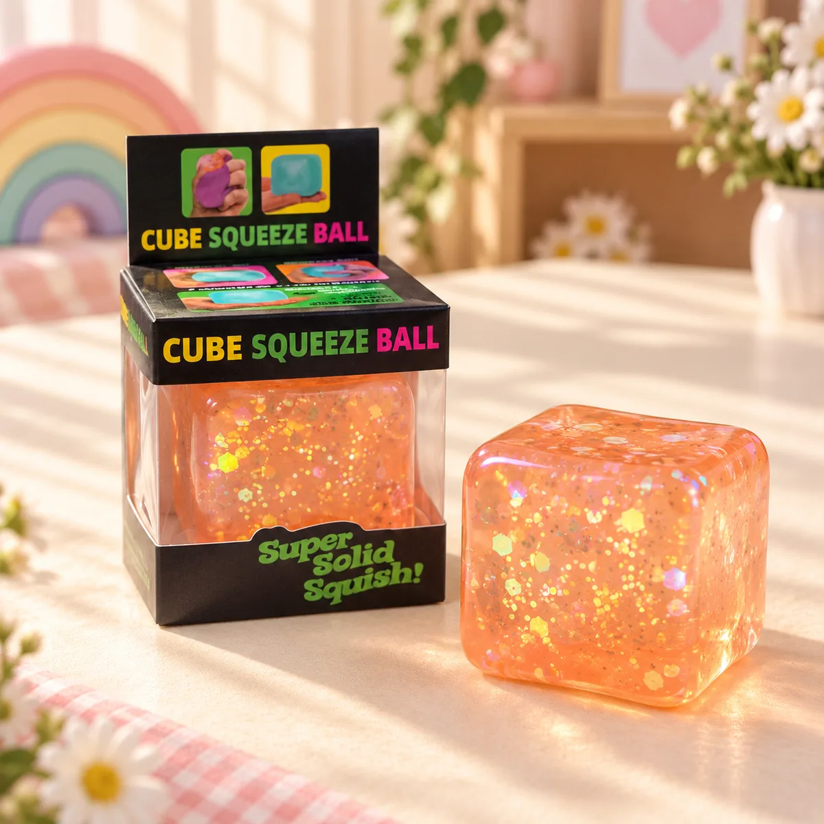 The Aurora style beside its printed box — an orange cube packed with iridescent hexagon glitter, the box showing a clear window and squeeze photos