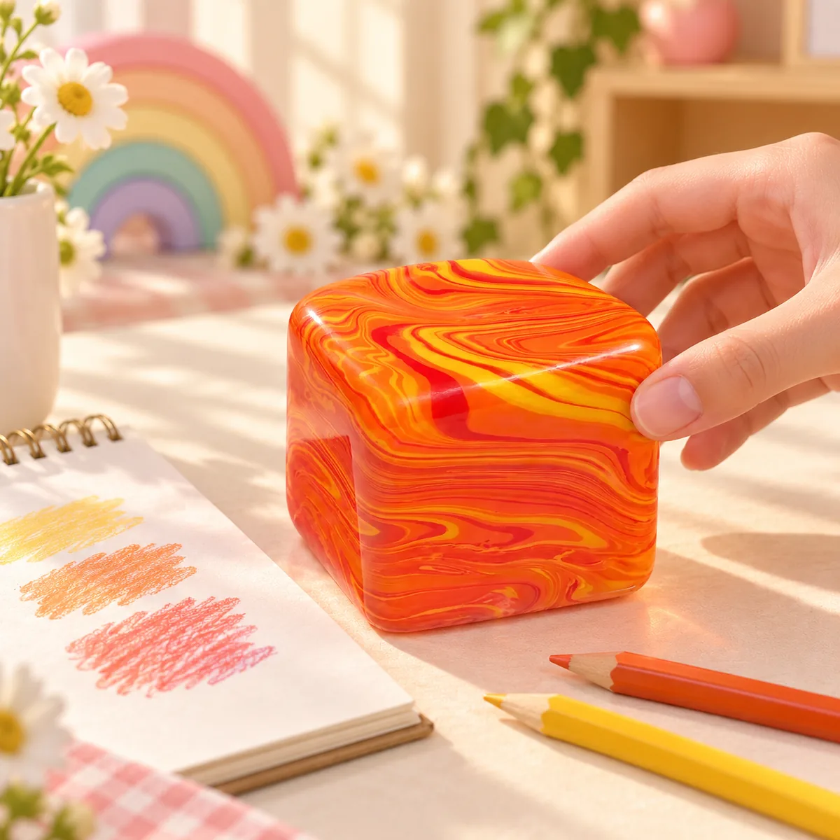 The Lava style — a hand pressing down on an orange and red marbled cube, the corner squashing flat under the fingers