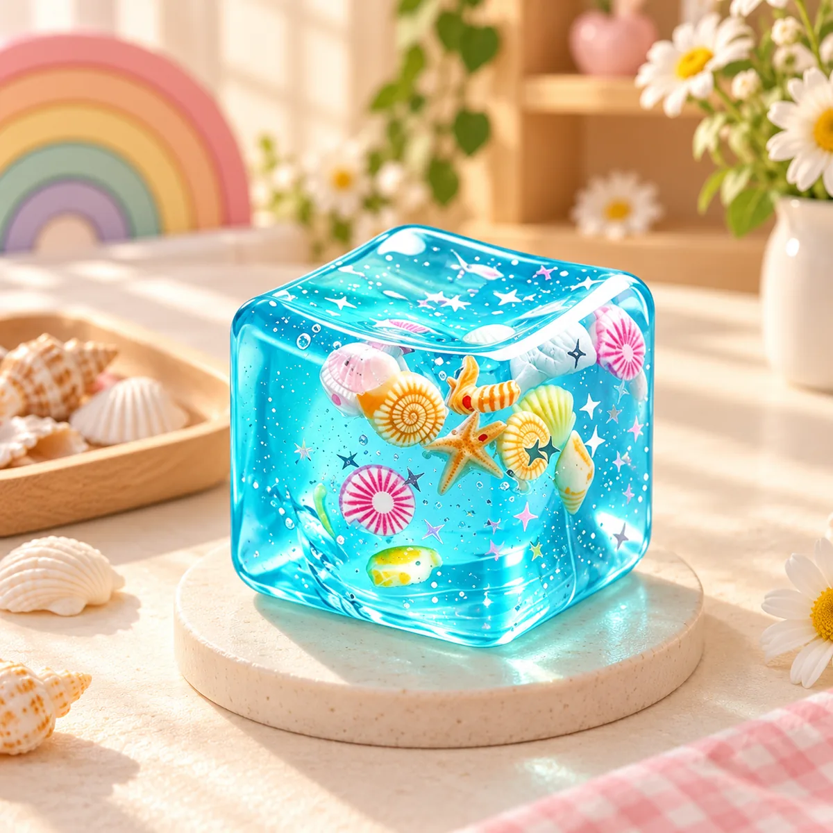The Ocean style — a clear blue gel cube with shells, a starfish and tiny silver stars suspended inside, on a round stand beside real shells