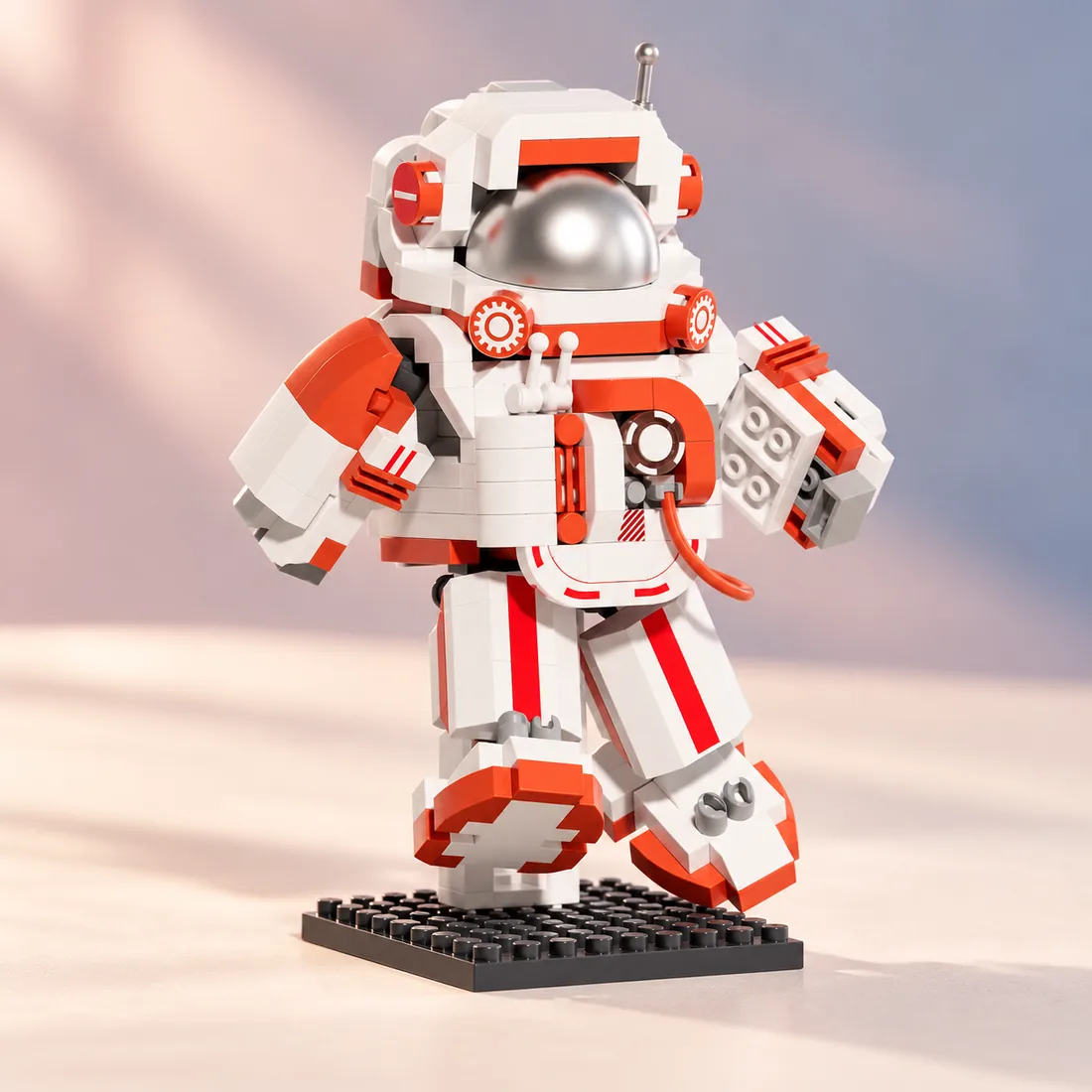 The red astronaut walking forward
