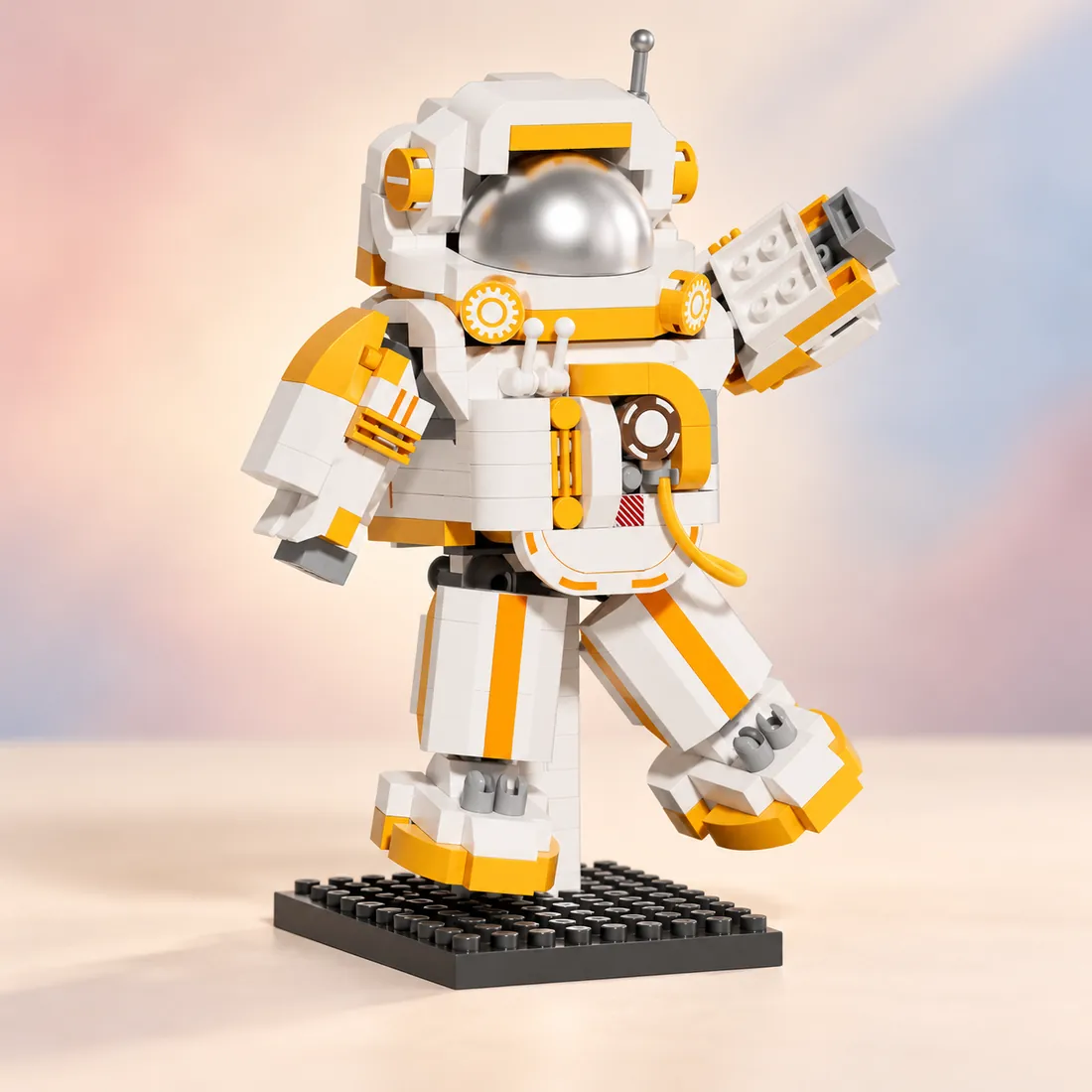The yellow astronaut mid-stride with one arm raised