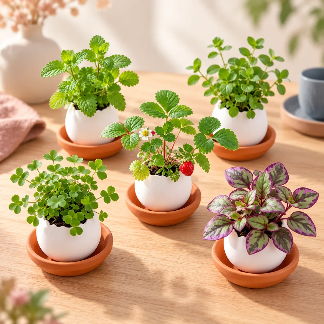Five grown planters on a table, each a different plant