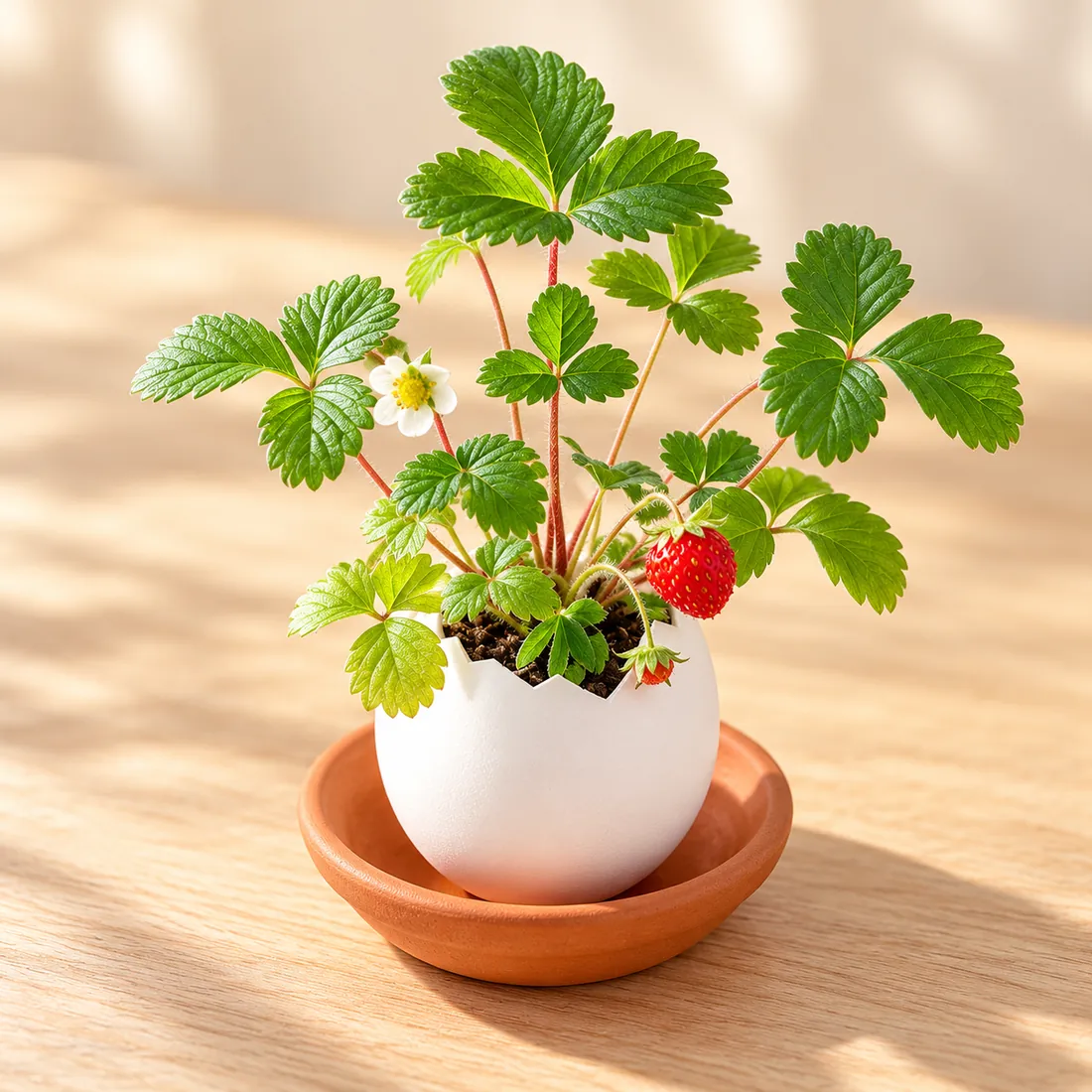 A wild strawberry plant grown in an eggshell on a terracotta saucer