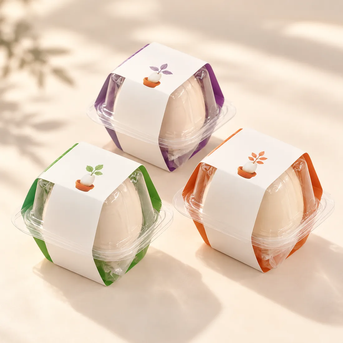 Three Lucky Egg Planters in their clear boxes with green, orange and purple bases and a white paper band