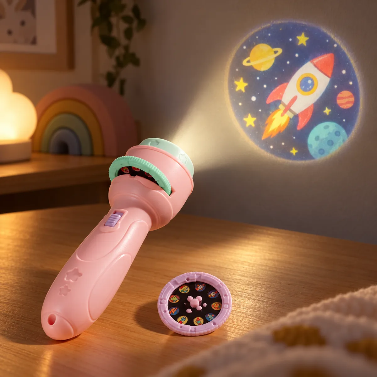 A pink projector torch throwing a rocket and planets onto a dark bedroom wall, with a projection disc on the table beside it
