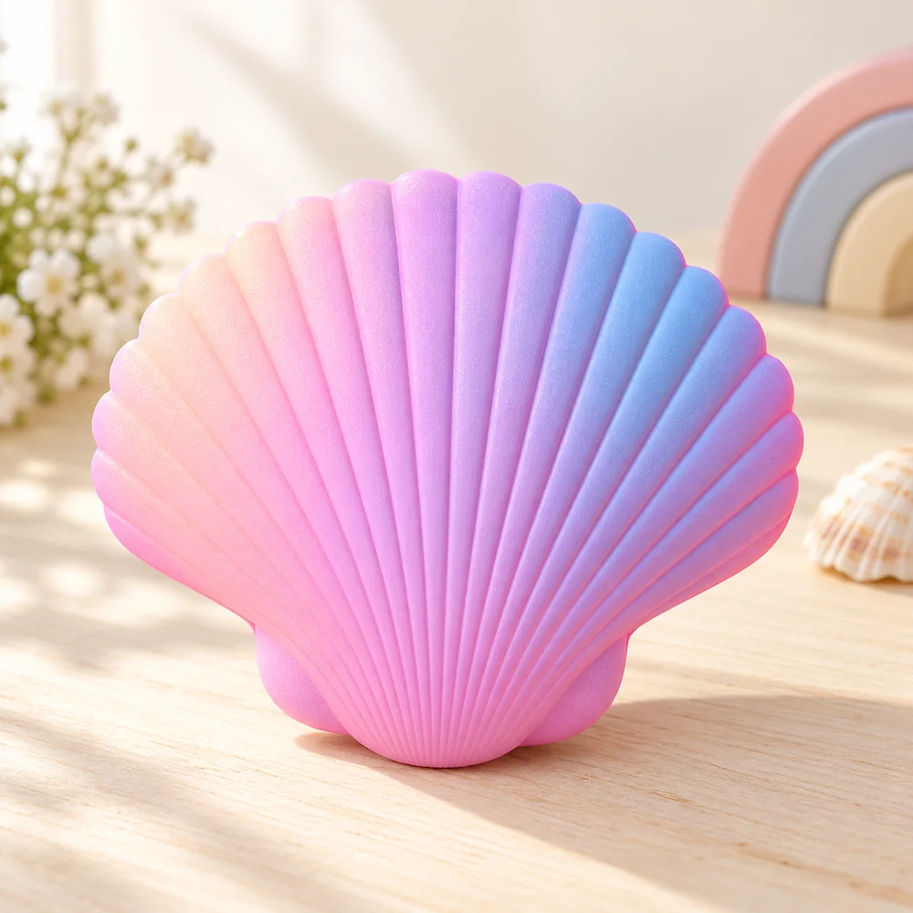 The sealed shell before opening, a pastel pink-to-blue gradient across the moulded ribs