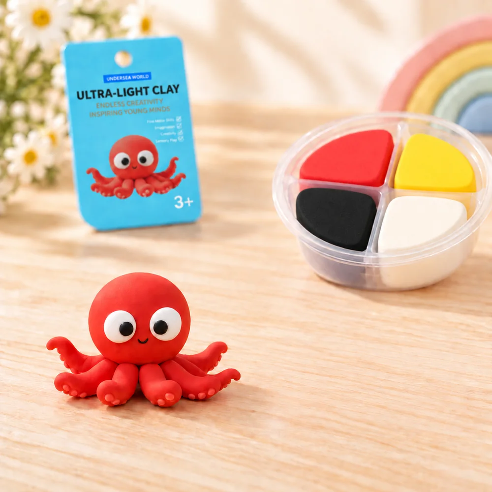 A finished red clay octopus with big eyes and curled tentacles on a wooden table, its card and the open case of red, yellow, black and white clay behind it