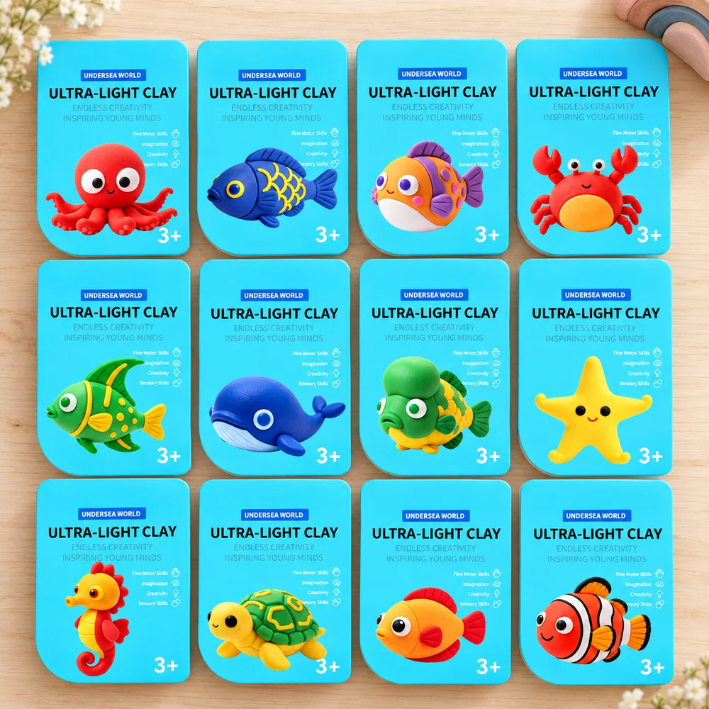The pack front and back — the back lists all twelve ocean designs, the front holds a round case of four clay colours beside a yellow starfish