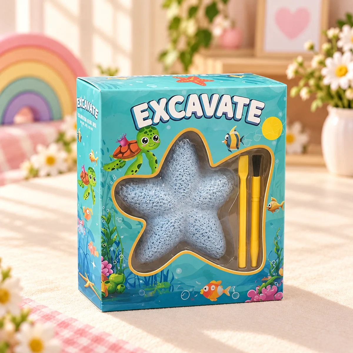 The printed box front, with the starfish block and tools visible through the window