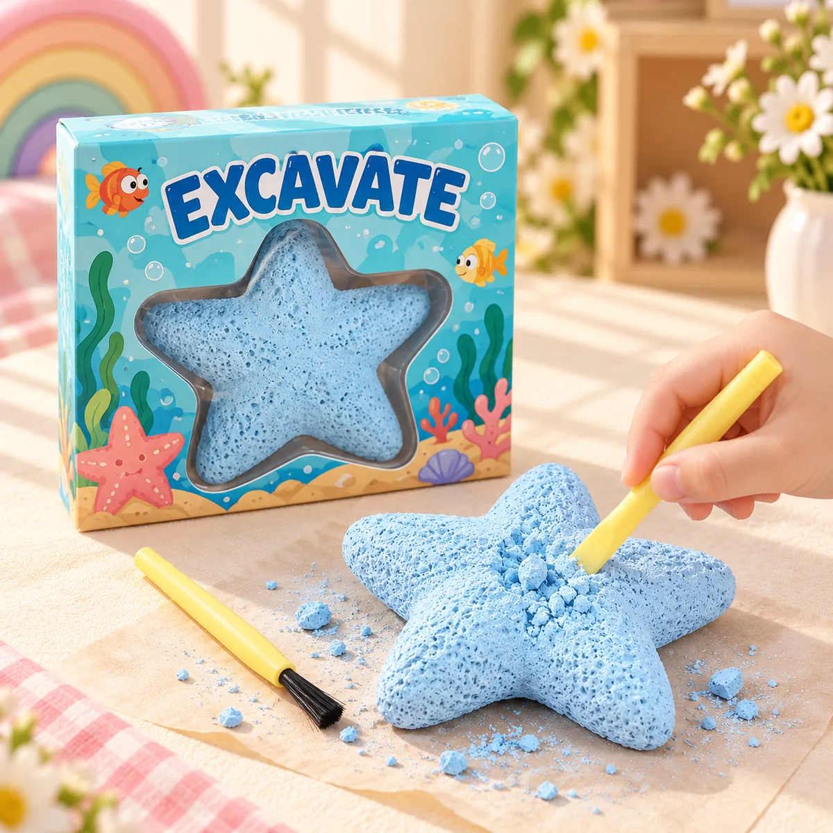 A hand chipping at the starfish block with the yellow chisel, blue crumbs scattered around