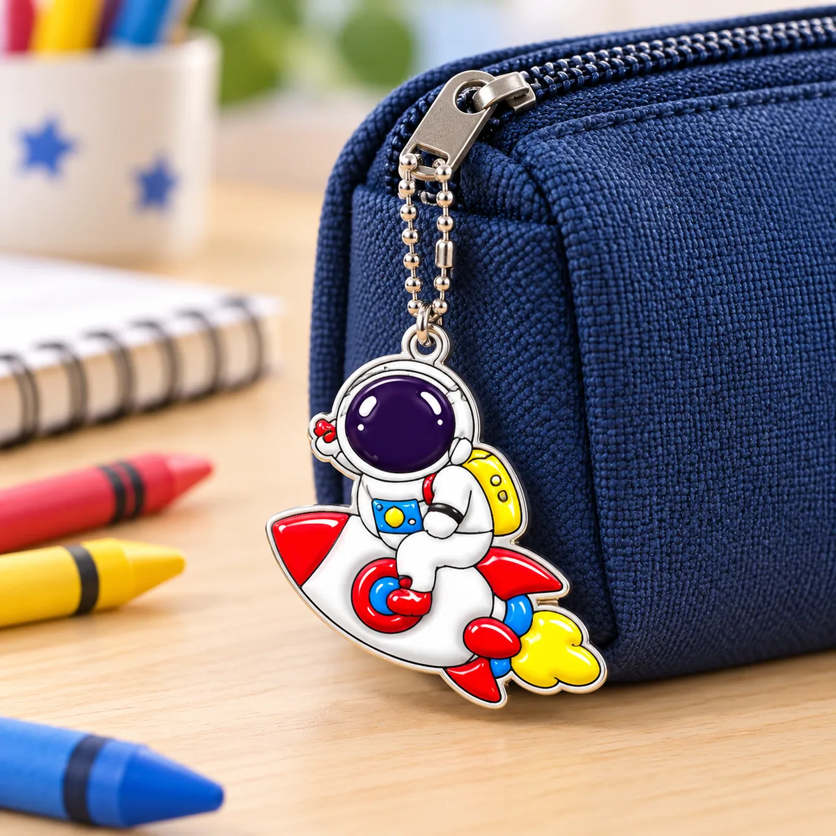 A finished astronaut charm clipped to the zip of a navy pencil case