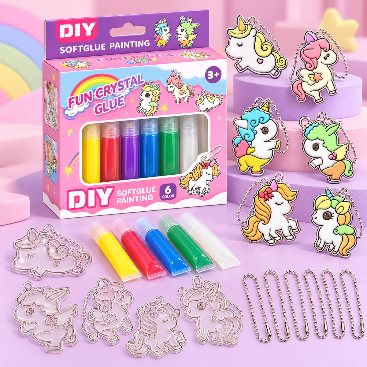 The Unicorn kit with finished unicorn charms and the blank outlines beside it