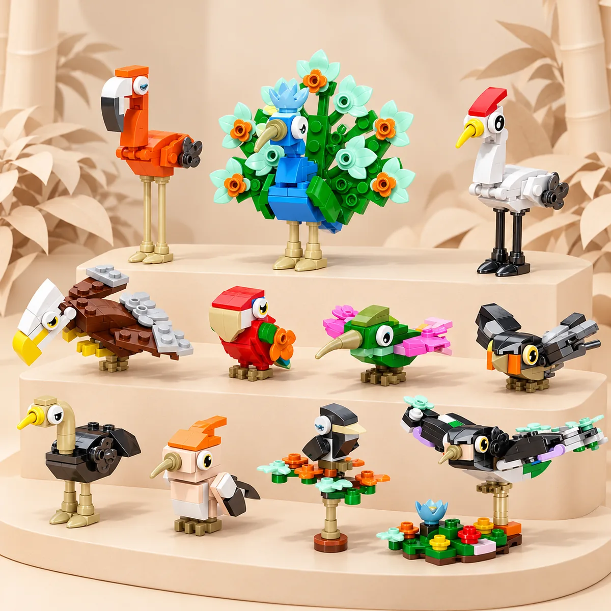 Twelve brick-built birds including a flamingo, a toucan, an eagle and a hummingbird