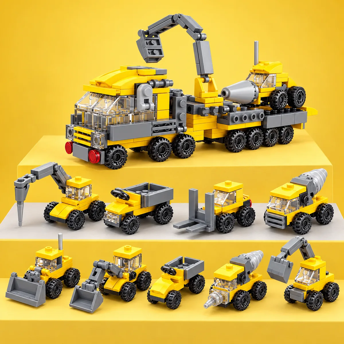 Brick-built yellow site vehicles including a digger, a mixer and a forklift