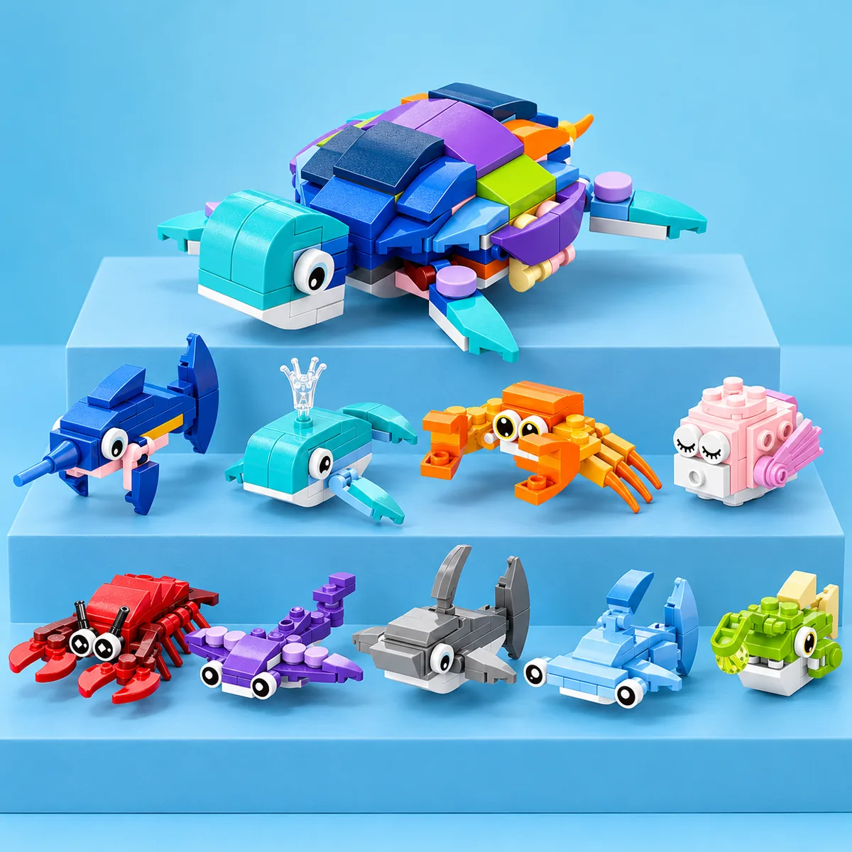 Brick-built sea creatures including a turtle, a dolphin, a crab and a hammerhead shark