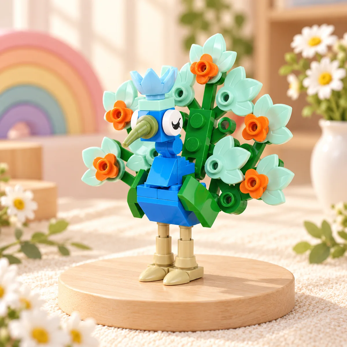 A small brick-built peacock with a green and mint tail fanned out behind it, standing on a wooden disc