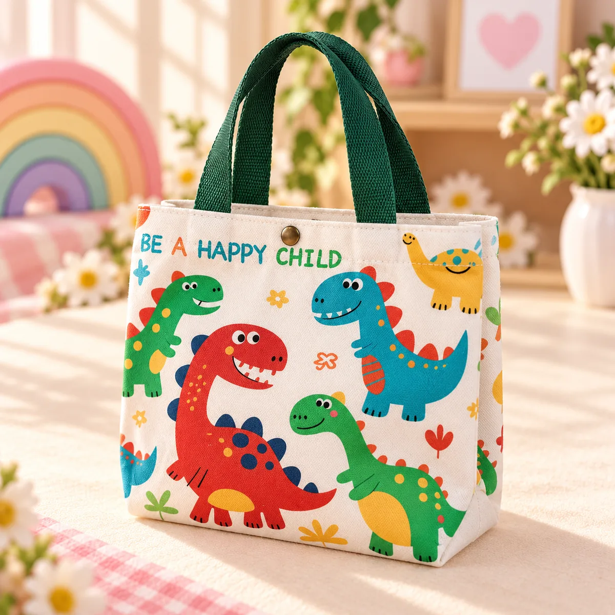 The Dino Pal print — cartoon dinosaurs in red, green, blue and yellow with dark green handles