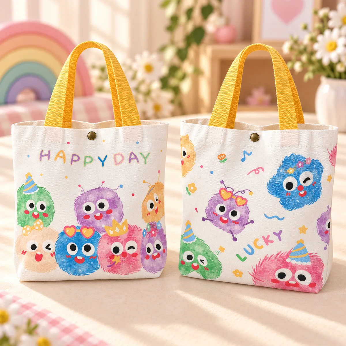 The Fuzzy Buddy print — colourful pom-pom characters with yellow handles
