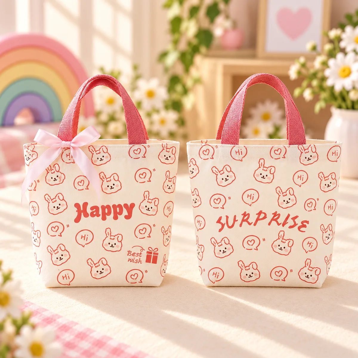 The Happy Bunny print, two bags with coral handles
