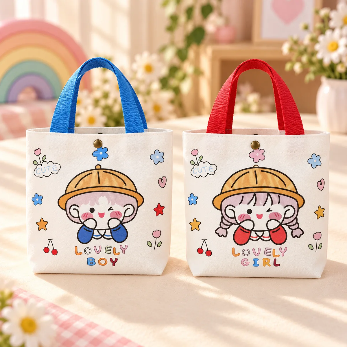 Two Printed Canvas Totes side by side in the Lovely Kids print, one with blue webbing handles and one with red