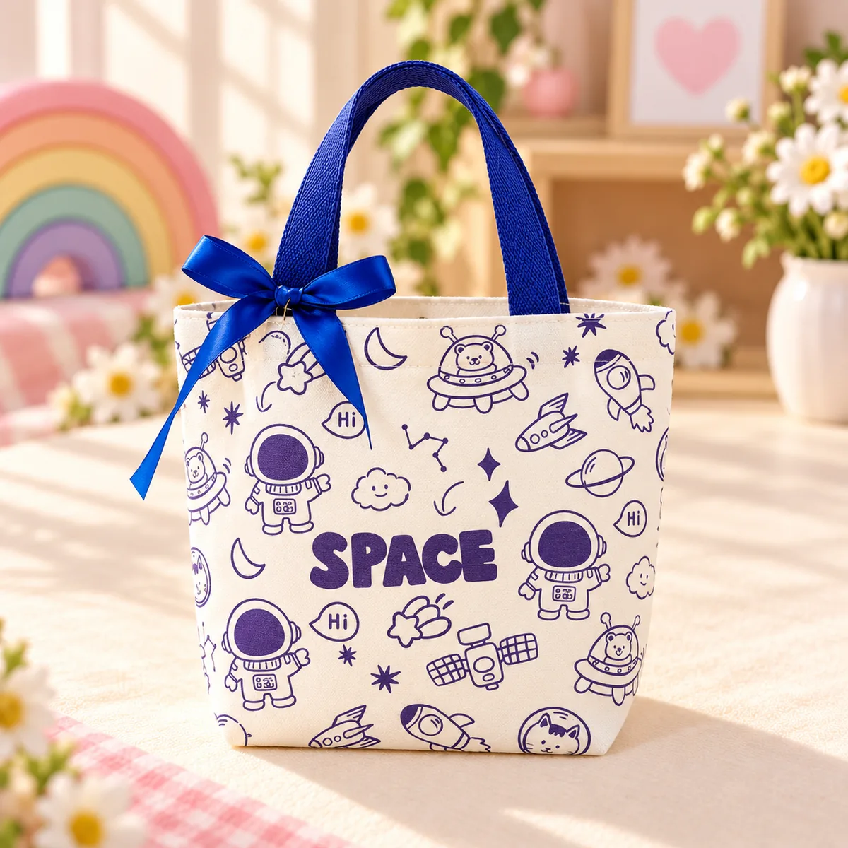 The Space Explorer print — navy line-drawn astronauts, rockets and planets with blue handles and a ribbon