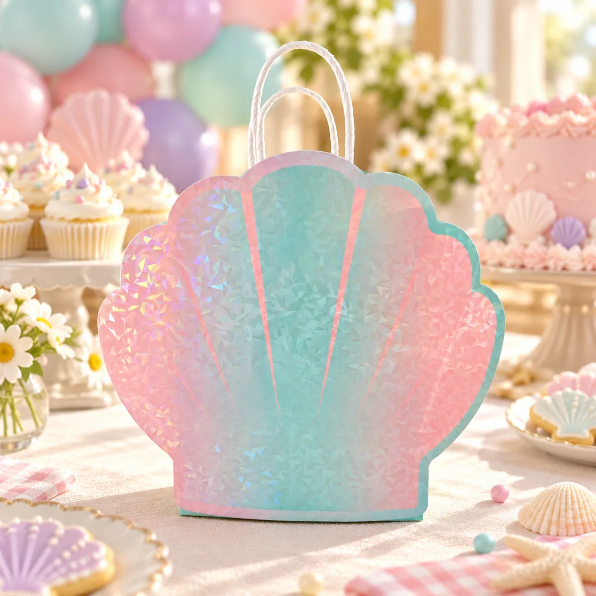 A shell bag on a dessert table beside cupcakes and shell cookies