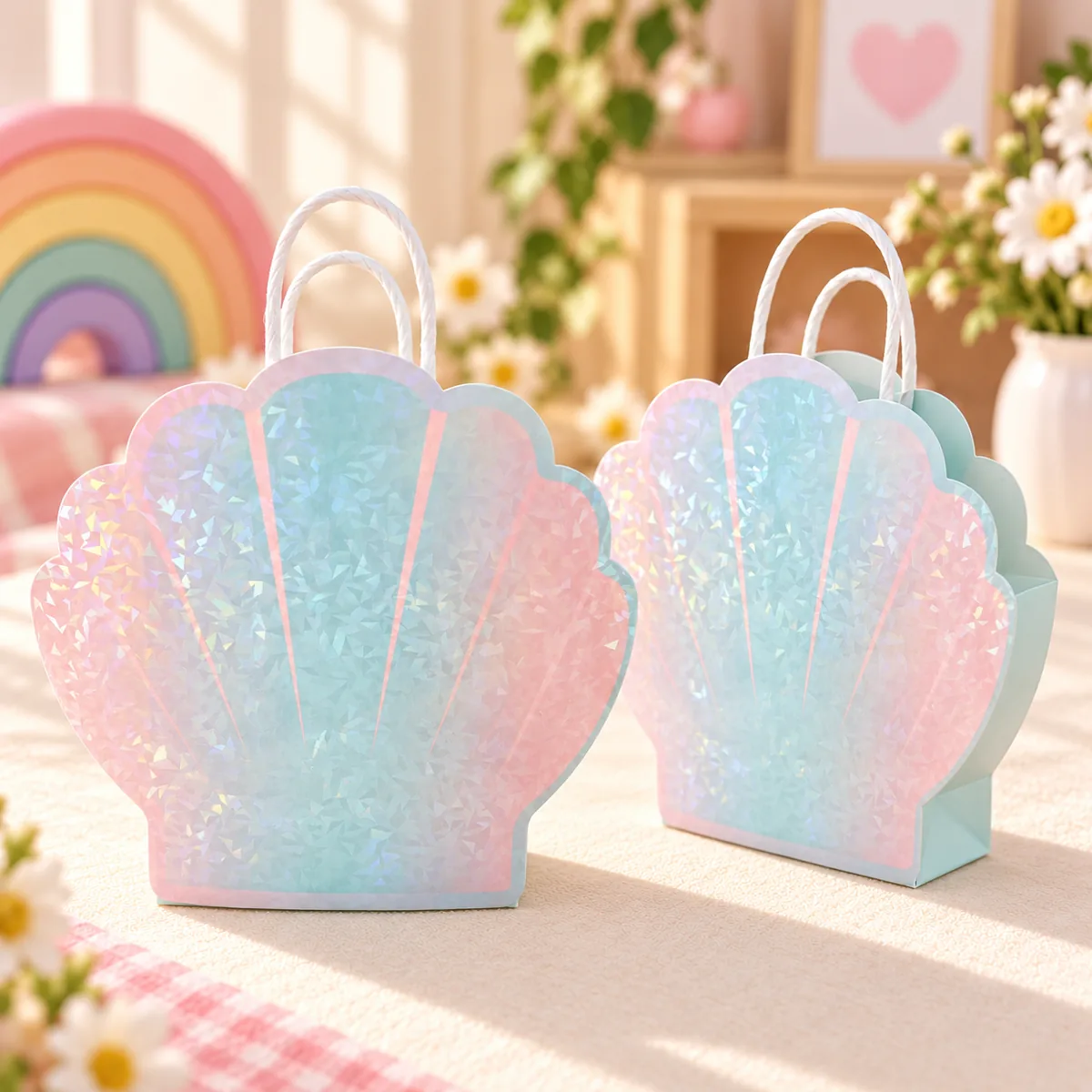 Two scallop-shell shaped gift bags in iridescent pink and mint, with white twisted rope handles
