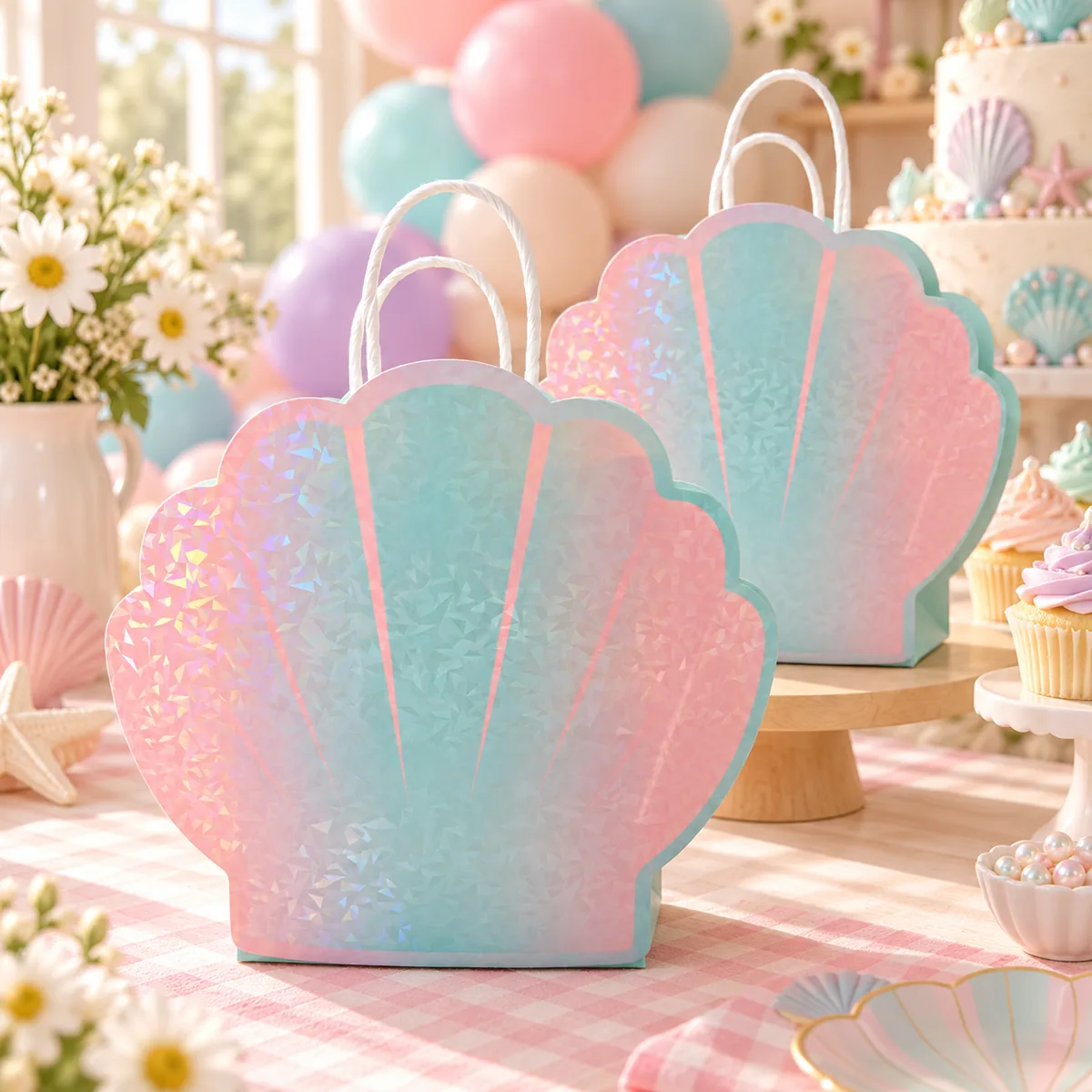 Two shell bags on a pastel party table with balloons and cupcakes behind