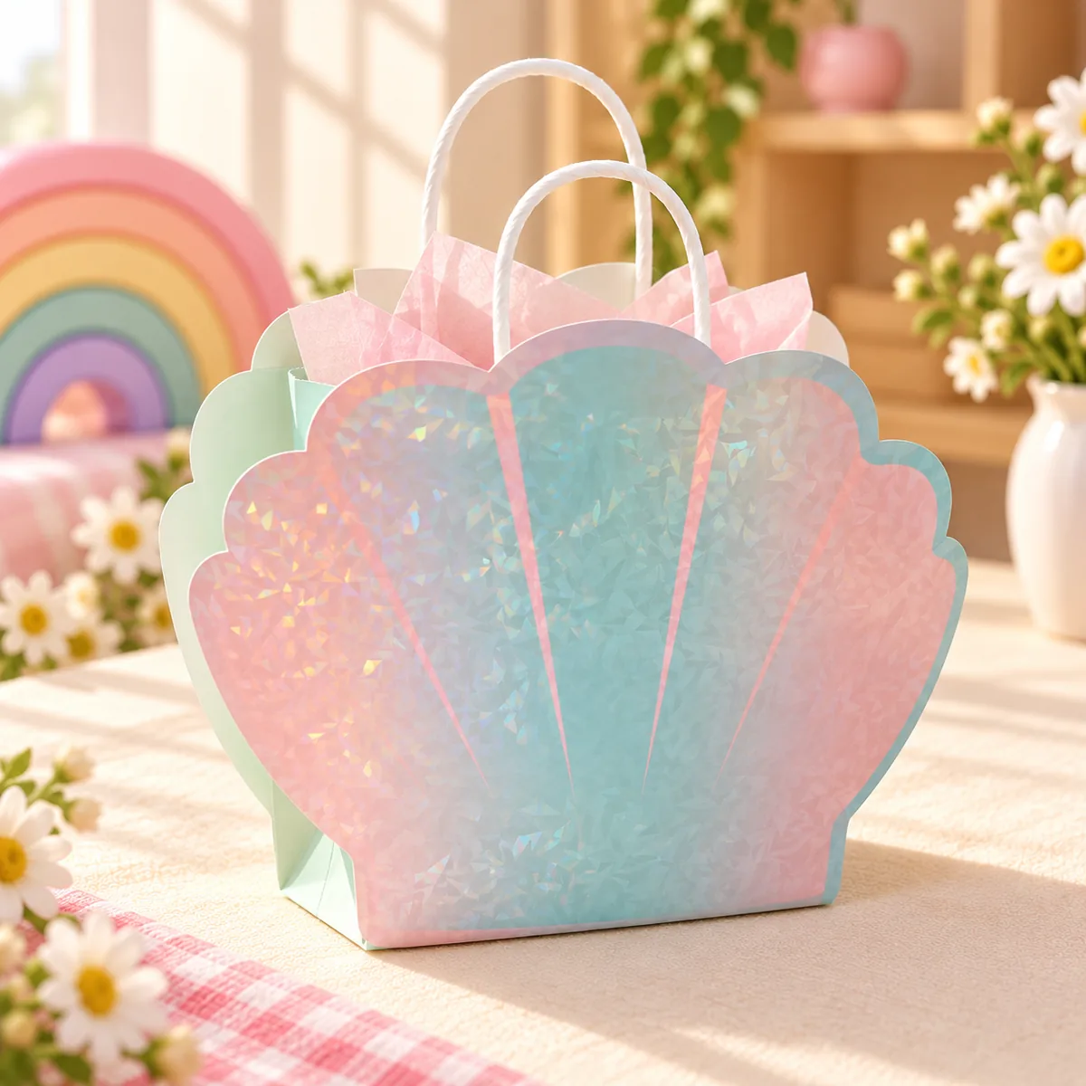 A shell bag filled with pink tissue paper, showing the flat gusseted base