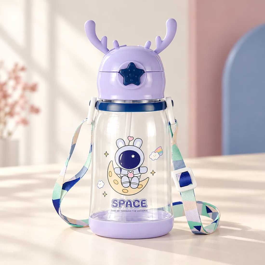 The lilac bottle with a bunny astronaut sitting on a moon
