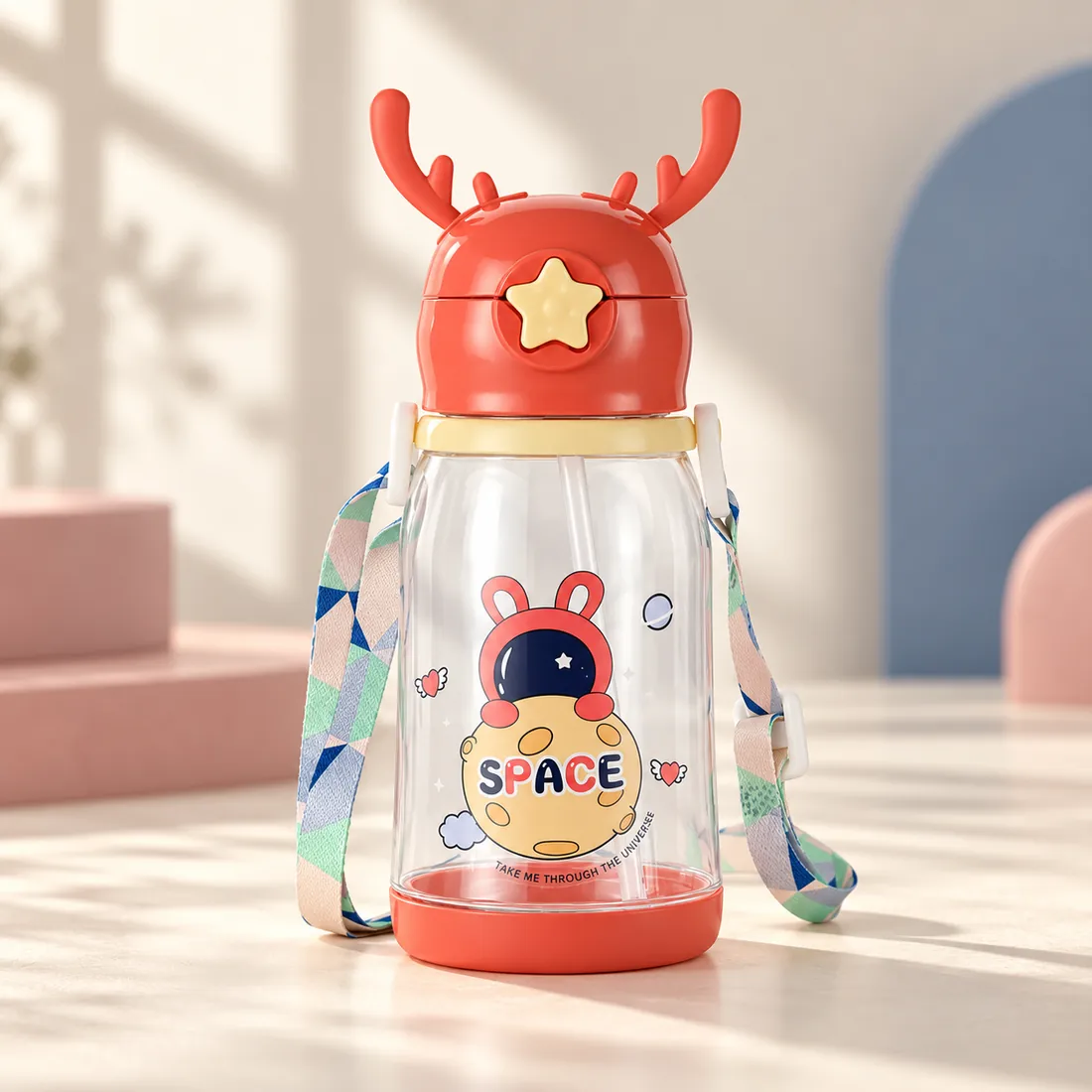 The red bottle with a bunny astronaut on a moon
